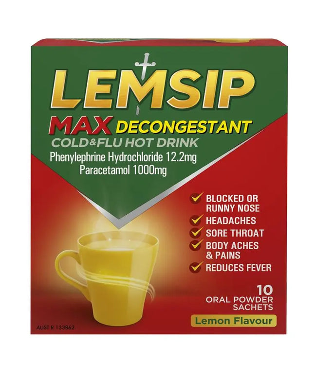 Lemsip Max with Decongestant Lemon 10pk Cold and Flu Hot Drink