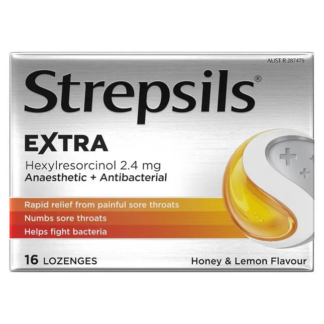 Strepsils Extra Honey Lemon Lozenges 16pk Fast Numbing Sore Throat Pain Relief with Anaesthetic