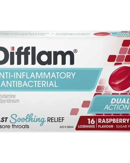 Difflam Sore Throat Sugar Free Raspberry 16 Lozenges