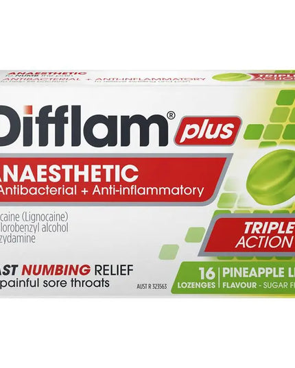 Difflam Plus Anaesthetic Sugar Free Pineapple & Lime 16 Lozenges