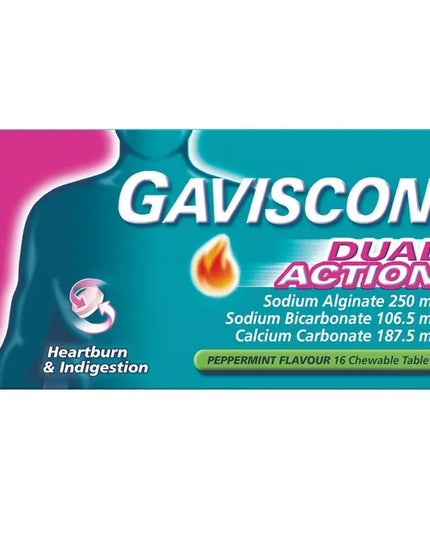 Gaviscon Dual Action Chewable Tablets Peppermint Heartburn & Indigestion Relief 16 Pack