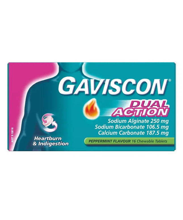 Gaviscon Dual Action Chewable Tablets Peppermint Heartburn & Indigestion Relief 16 Pack
