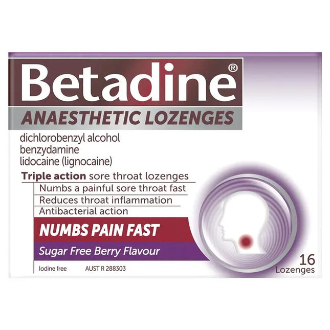 Betadine Sore Throat Lozenges Anaesthetic Berry Flavour 16 Pack