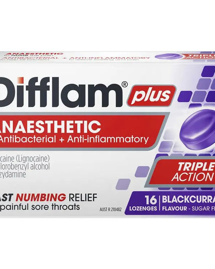 Difflam Plus Anaesthetic Sugar Free Blackcurrant 16 Lozenges