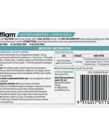 Difflam Sore Throat Sugar Free Strawberry 16 Lozenges
