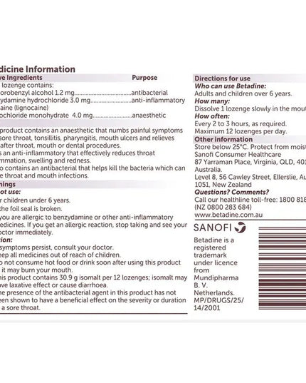 Betadine Sore Throat Lozenges Anaesthetic Berry Flavour 16 Pack
