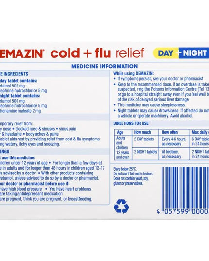 Demazin Cold & Flu Relief Day + Night 24 Tablets