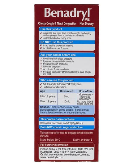 Benadryl PE Chesty Cough & Nasal Congestion Non-Drowsy Berry Flavour 200mL
