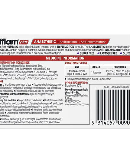 Difflam Plus Anaesthetic Sugar Free Blackcurrant 16 Lozenges