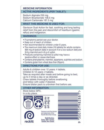 Gaviscon Dual Action Chewable Tablets Peppermint Heartburn & Indigestion Relief 16 Pack
