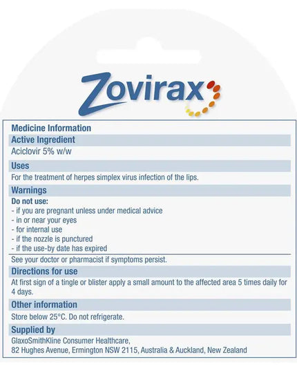 Zovirax Cold Sore Cream Tube 2g