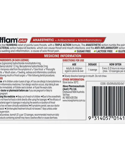 Difflam Plus Anaesthetic Sugar Free Pineapple & Lime 16 Lozenges