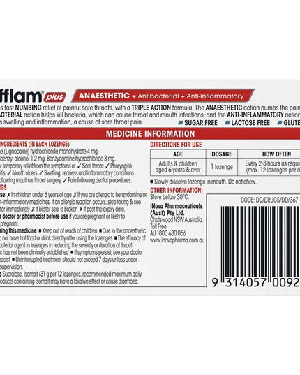 Difflam Plus Anaesthetic Sugar Free Eucalyptus Menthol 16 Lozenges