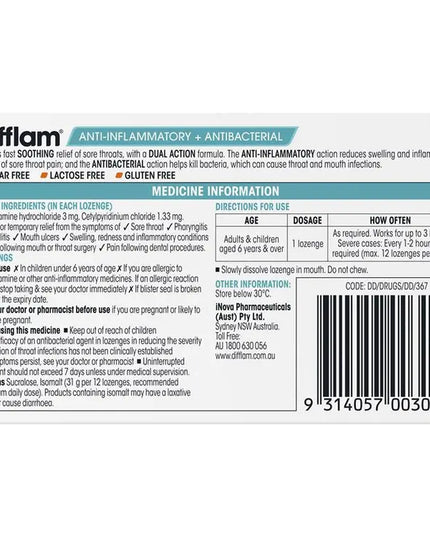 Difflam Sore Throat Sugar Free Orange 16 Lozenges