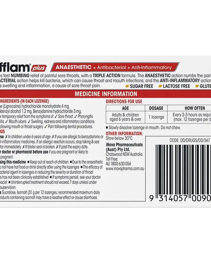 Difflam Plus Anaesthetic Sugar Free Honey And Lemon 16 Lozenges