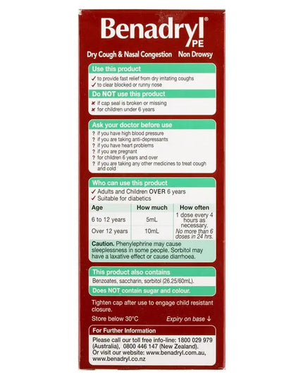 Benadryl PE Dry Cough & Nasal Congestion Non Drowsy Berry Flavour 200mL
