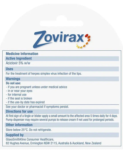 Zovirax Cold Sore Cream Pump 2g