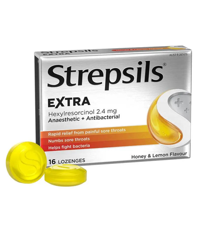 Strepsils Extra Honey Lemon Lozenges 16pk Fast Numbing Sore Throat Pain Relief with Anaesthetic