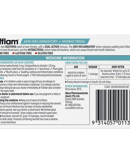 Difflam Sore Throat Sugar Free Raspberry 16 Lozenges