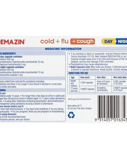 Demazin Cold + Flu + Cough Day + Night 48 Capsules