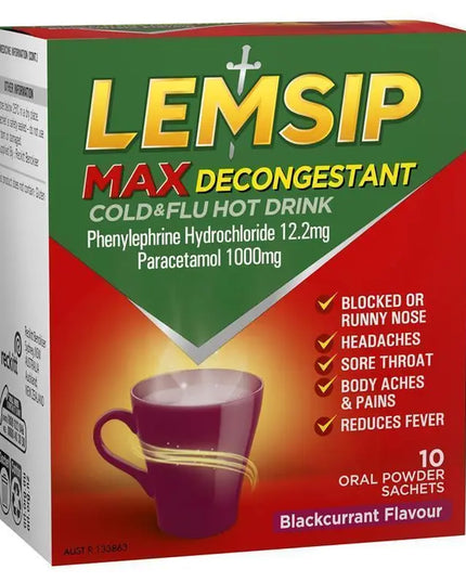 Lemsip Max Cold & Flu Hot Drink with Decongestant Blackcurrant 10 Sachets