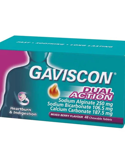 Gaviscon Dual Action Chewable Tablets Heartburn and Indigestion Relief Mixed Berry 48 Pack