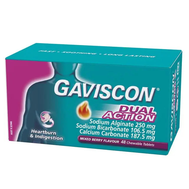 Gaviscon Dual Action Chewable Tablets Heartburn and Indigestion Relief Mixed Berry 48 Pack