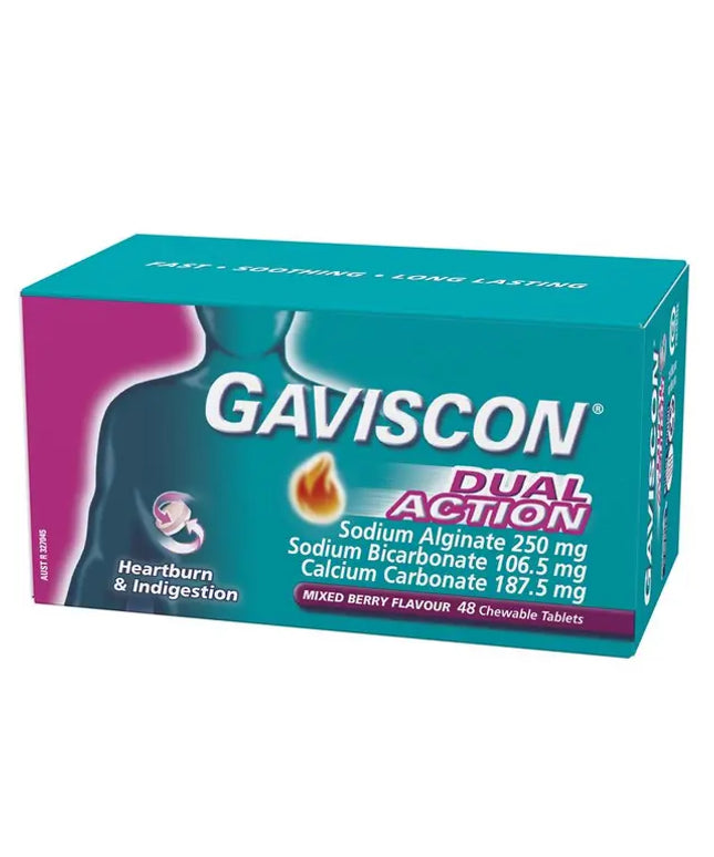 Gaviscon Dual Action Chewable Tablets Heartburn and Indigestion Relief Mixed Berry 48 Pack