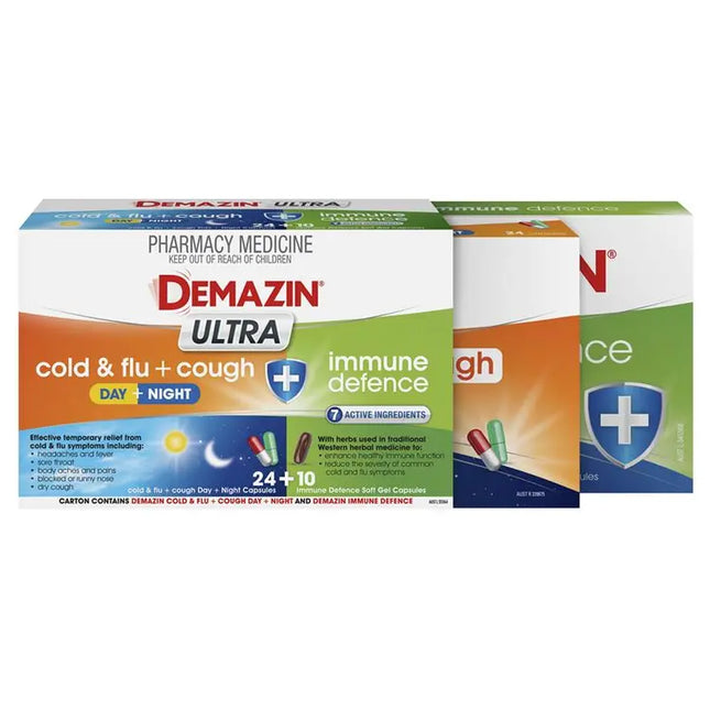 Phamacy Health Demazin Ultra Cough Cold & Flu + Immune Defence 34 Capsules