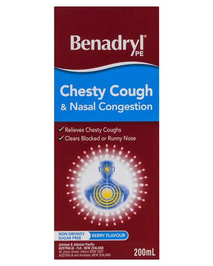 Benadryl PE Chesty Cough & Nasal Congestion Non-Drowsy Berry Flavour 200mL