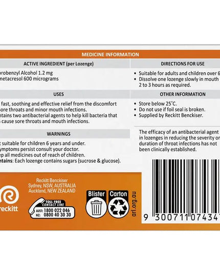 Strepsils Soothing Lozenges Orange 16pk Sore Throat Double Antibacterial