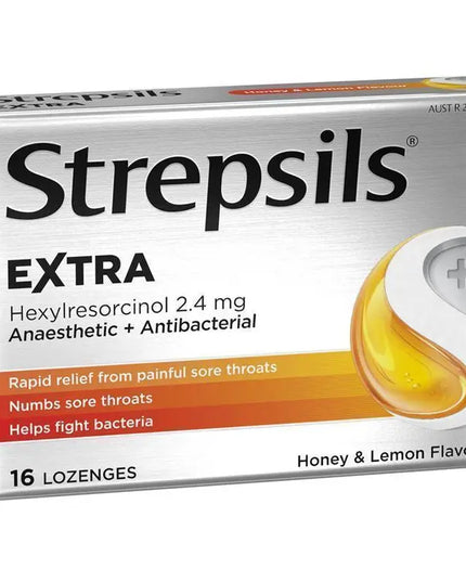 Strepsils Extra Honey Lemon Lozenges 16pk Fast Numbing Sore Throat Pain Relief with Anaesthetic
