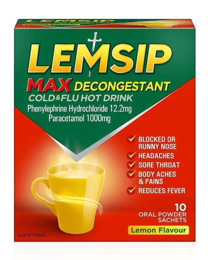 Lemsip Max with Decongestant Lemon 10pk Cold and Flu Hot Drink