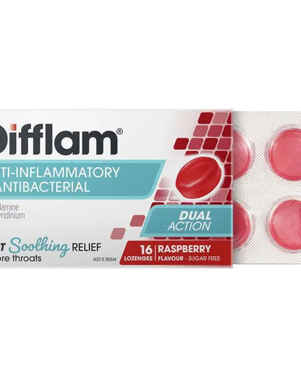 Difflam Sore Throat Sugar Free Raspberry 16 Lozenges