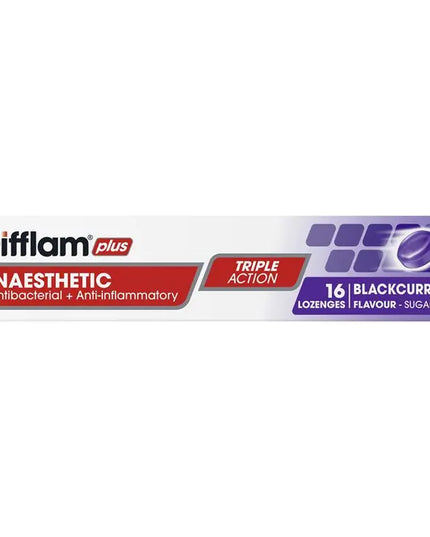Difflam Plus Anaesthetic Sugar Free Blackcurrant 16 Lozenges