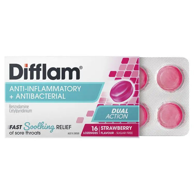 Difflam Sore Throat Sugar Free Strawberry 16 Lozenges