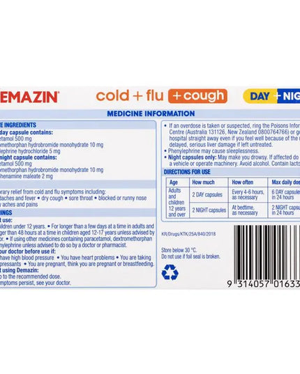 Demazin Cold + Flu + Cough Day + Night 24 Capsules