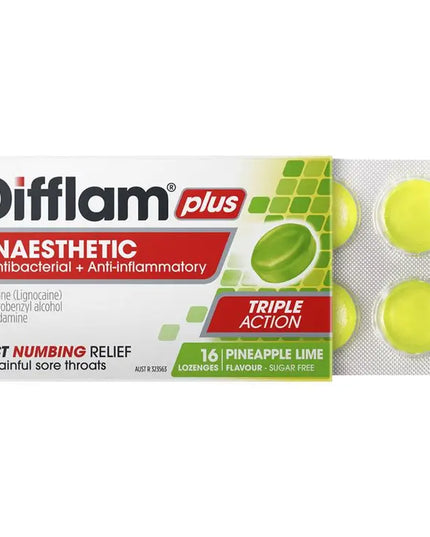 Difflam Plus Anaesthetic Sugar Free Pineapple & Lime 16 Lozenges