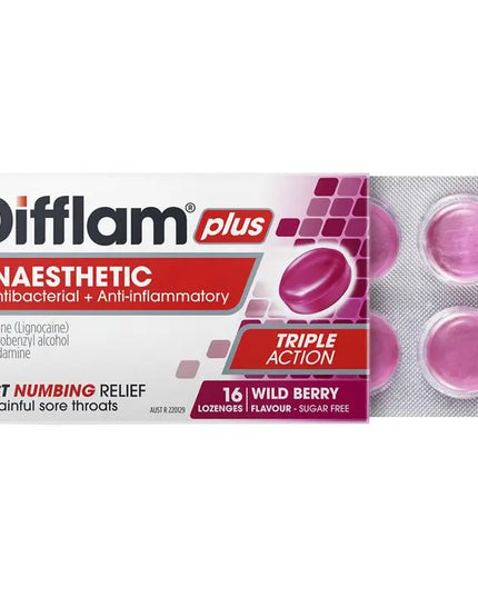 Difflam Plus Anaesthetic Sugar Free Wild Berry 16 Lozenges