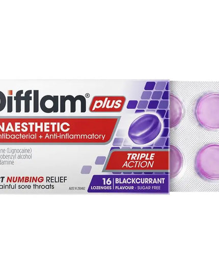 Difflam Plus Anaesthetic Sugar Free Blackcurrant 16 Lozenges
