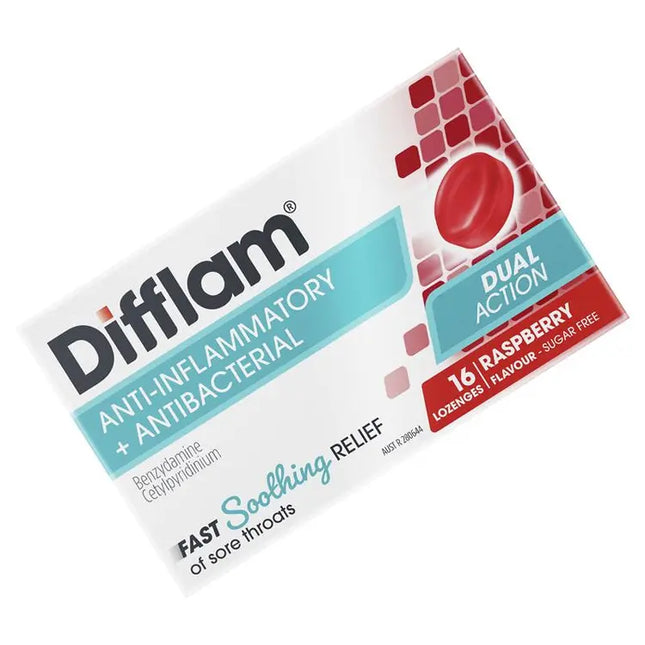 Difflam Sore Throat Sugar Free Raspberry 16 Lozenges