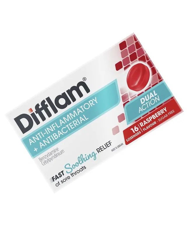 Difflam Sore Throat Sugar Free Raspberry 16 Lozenges