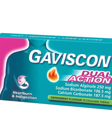 Gaviscon Dual Action Chewable Tablets Peppermint Heartburn & Indigestion Relief 16 Pack
