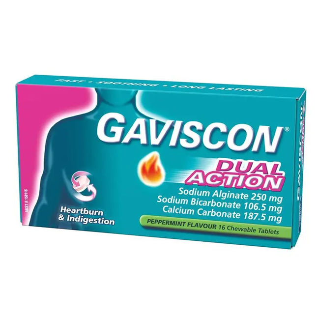 Gaviscon Dual Action Chewable Tablets Peppermint Heartburn & Indigestion Relief 16 Pack