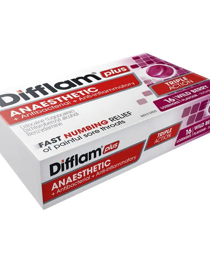 Difflam Plus Anaesthetic Sugar Free Wild Berry 16 Lozenges