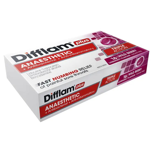 Difflam Plus Anaesthetic Sugar Free Wild Berry 16 Lozenges