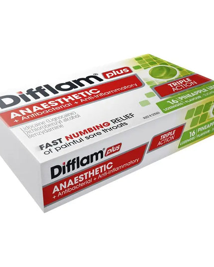Difflam Plus Anaesthetic Sugar Free Pineapple & Lime 16 Lozenges