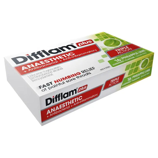 Difflam Plus Anaesthetic Sugar Free Pineapple & Lime 16 Lozenges