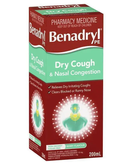 Benadryl PE Dry Cough & Nasal Congestion Non Drowsy Berry Flavour 200mL
