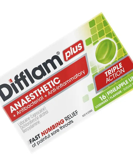 Difflam Plus Anaesthetic Sugar Free Pineapple & Lime 16 Lozenges